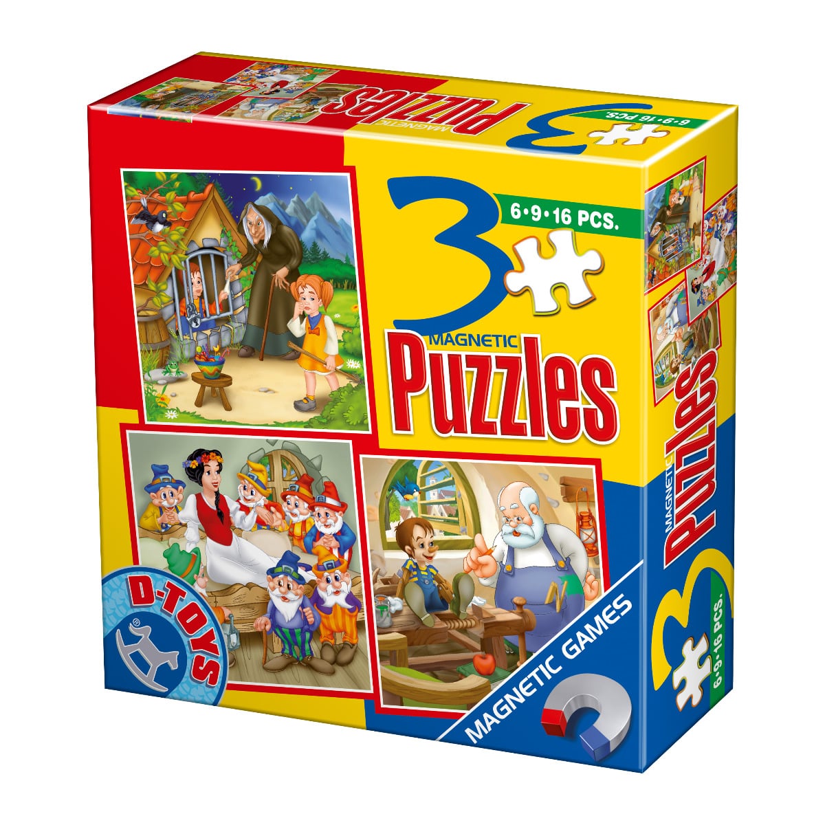 Puzzle Hansel și Gretel, Albă ca zăpada și Pinocchio - Set 3 puzzle-uri magnetice - basme de 6, 9, 16 piese
