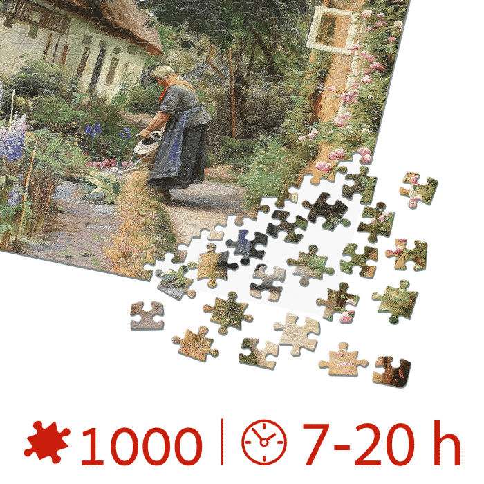 Puzzle adulti Peder Mørk Mønsted - An Old Woman Watering the Flowers Behind the Thached Farmhouse - 1000 Piese-34316