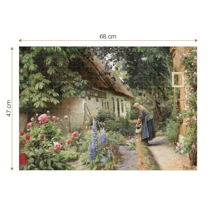 Puzzle adulti Peder Mørk Mønsted - An Old Woman Watering the Flowers Behind the Thached Farmhouse - 1000 Piese-34319