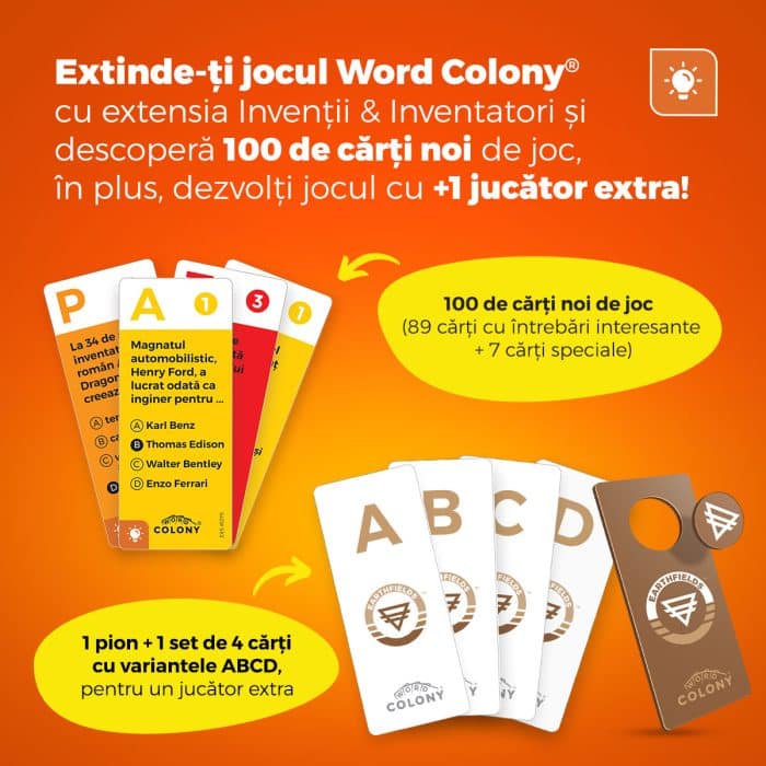 Extensia Inventii & Inventatori Word Colony®, 100 carti de joc, +1 jucator, Editia RO-35398