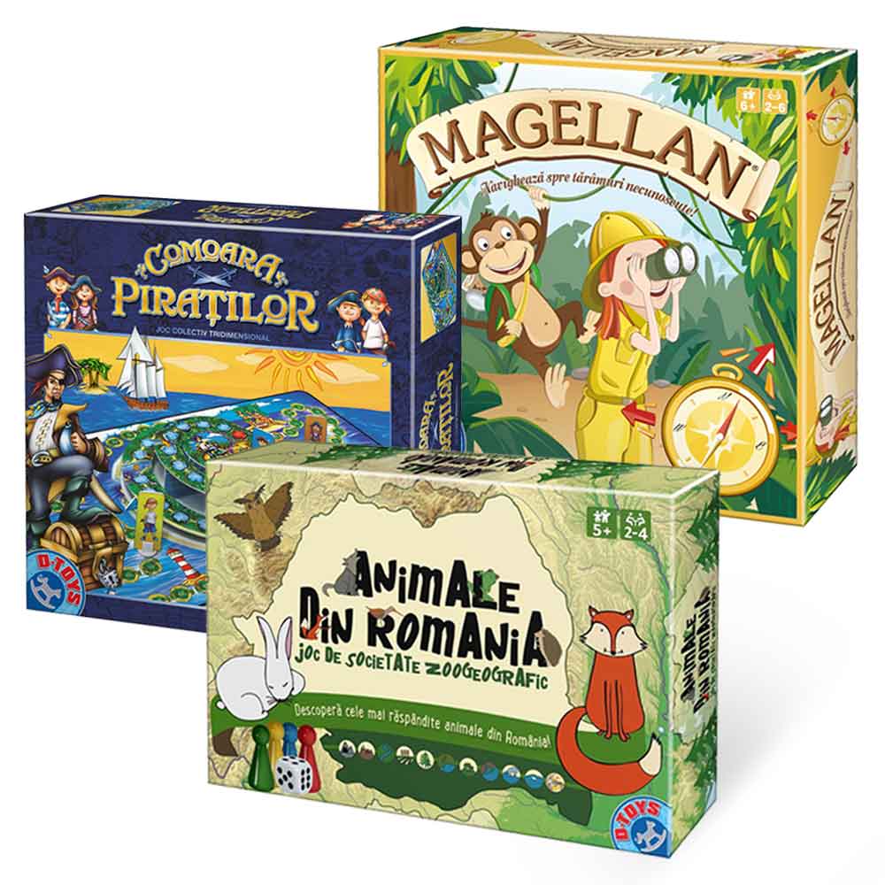 Set 3 jocuri copii: Magellan + Comoara Piraților + Animale din România