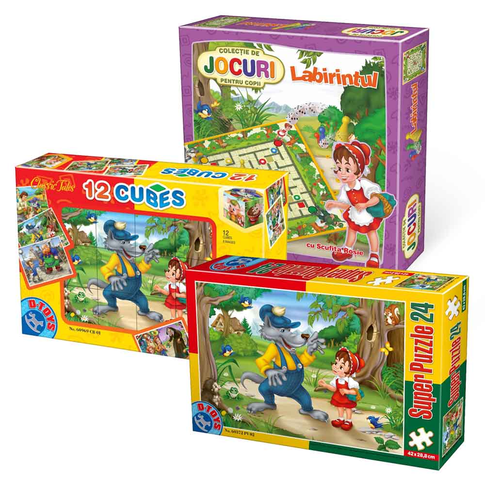 Set 3-în-1: Cuburi Basme + Joc Labirintul cu Scufița Roșie + Puzzle copii Scufița Roșie, 24 piese
